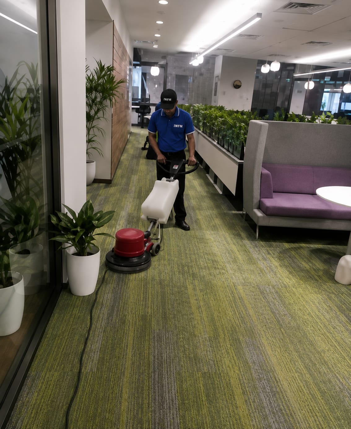 IWFM staff shampooing an office carpet