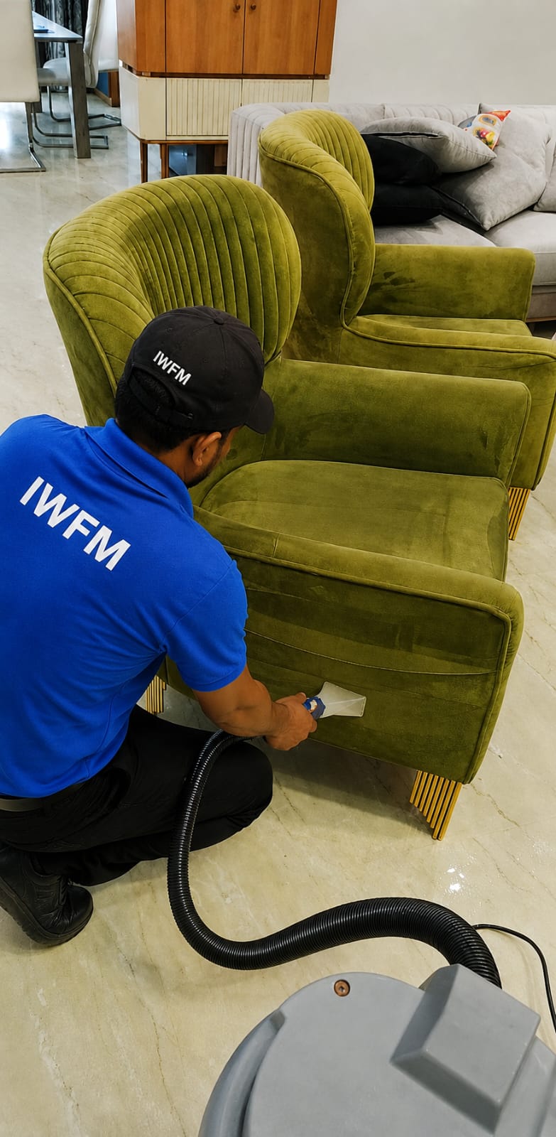 IWFM staff shampooing a sofa